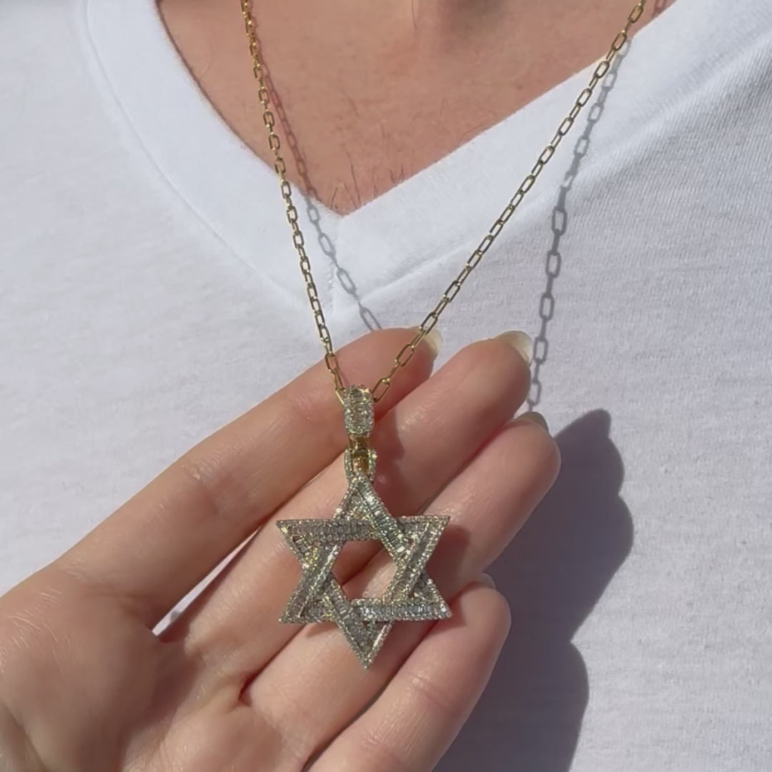 Iced Baguette Diamond Star of David Pendant displayed on a hand, showcasing its elegance and iced out design.