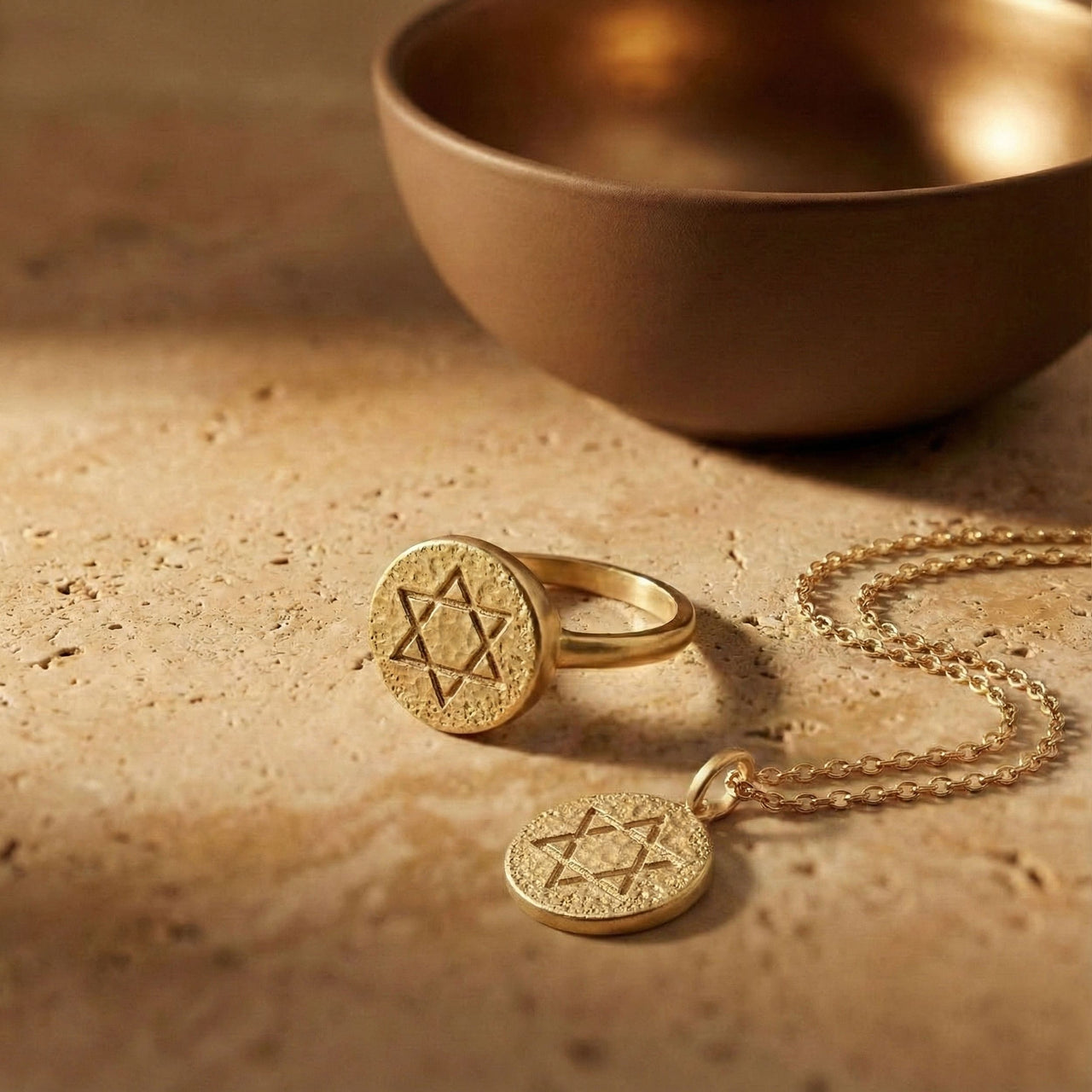 Classic Star of David coin necklace and ring displayed together