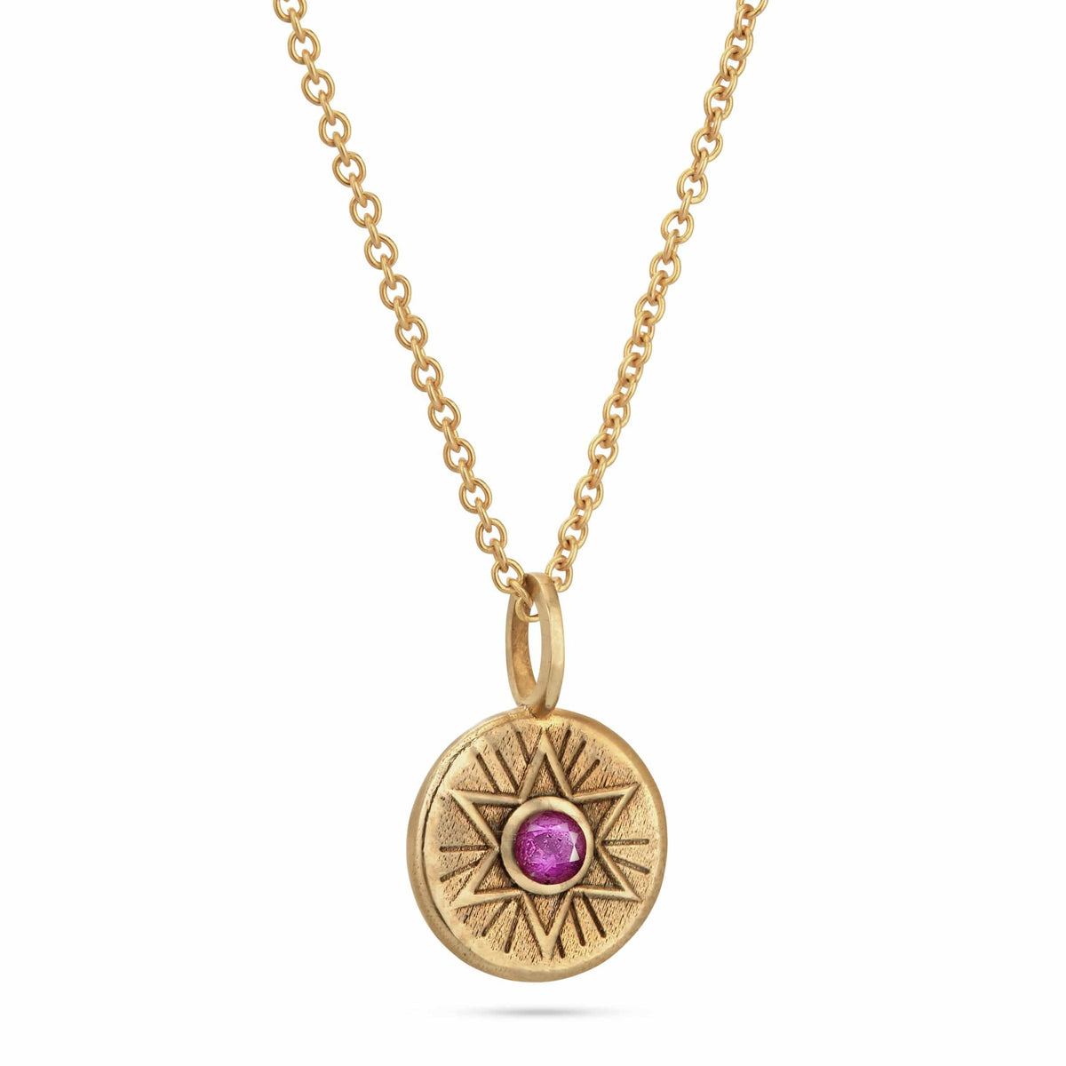 Radiant Star of David necklace with pink sapphire in 14k gold by Sages & Souls