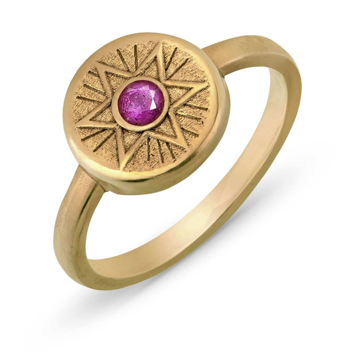 Radiant Star of David ring with pink sapphire in 14k gold by Sages & Souls
