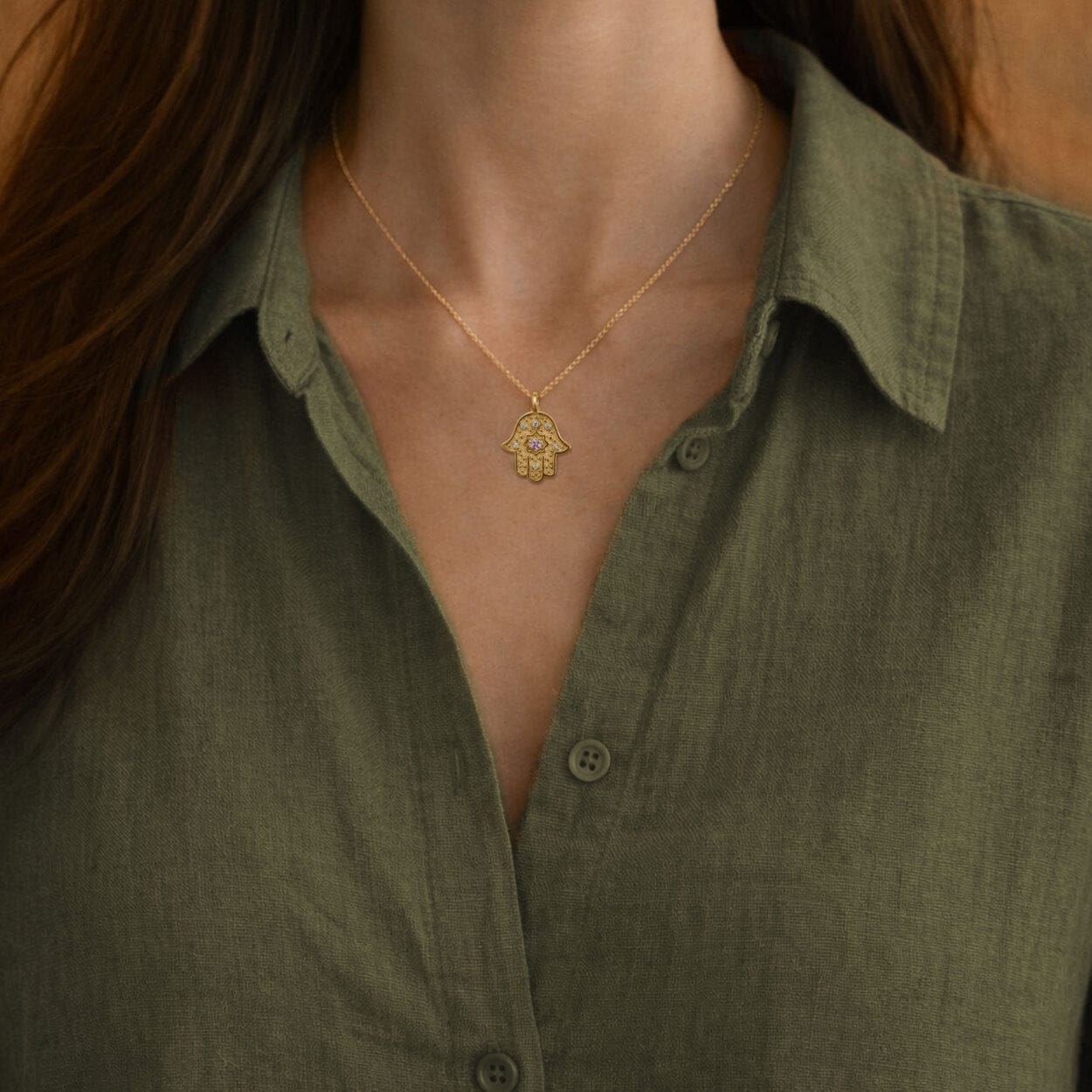 Radiant Anchor Hamsa necklace, worn