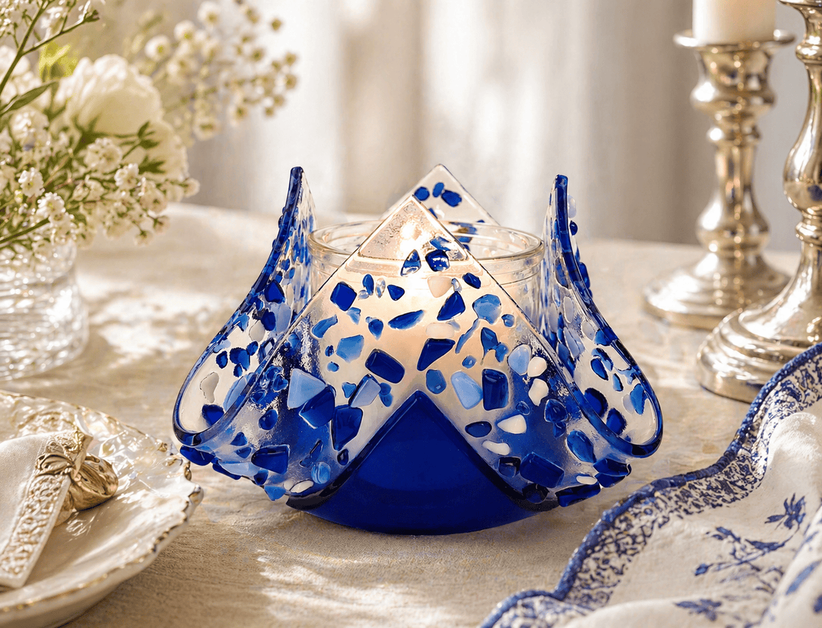 Shevi B Glass Creations Candlesticks Yahrzeit Candle Holder - Blue Stone