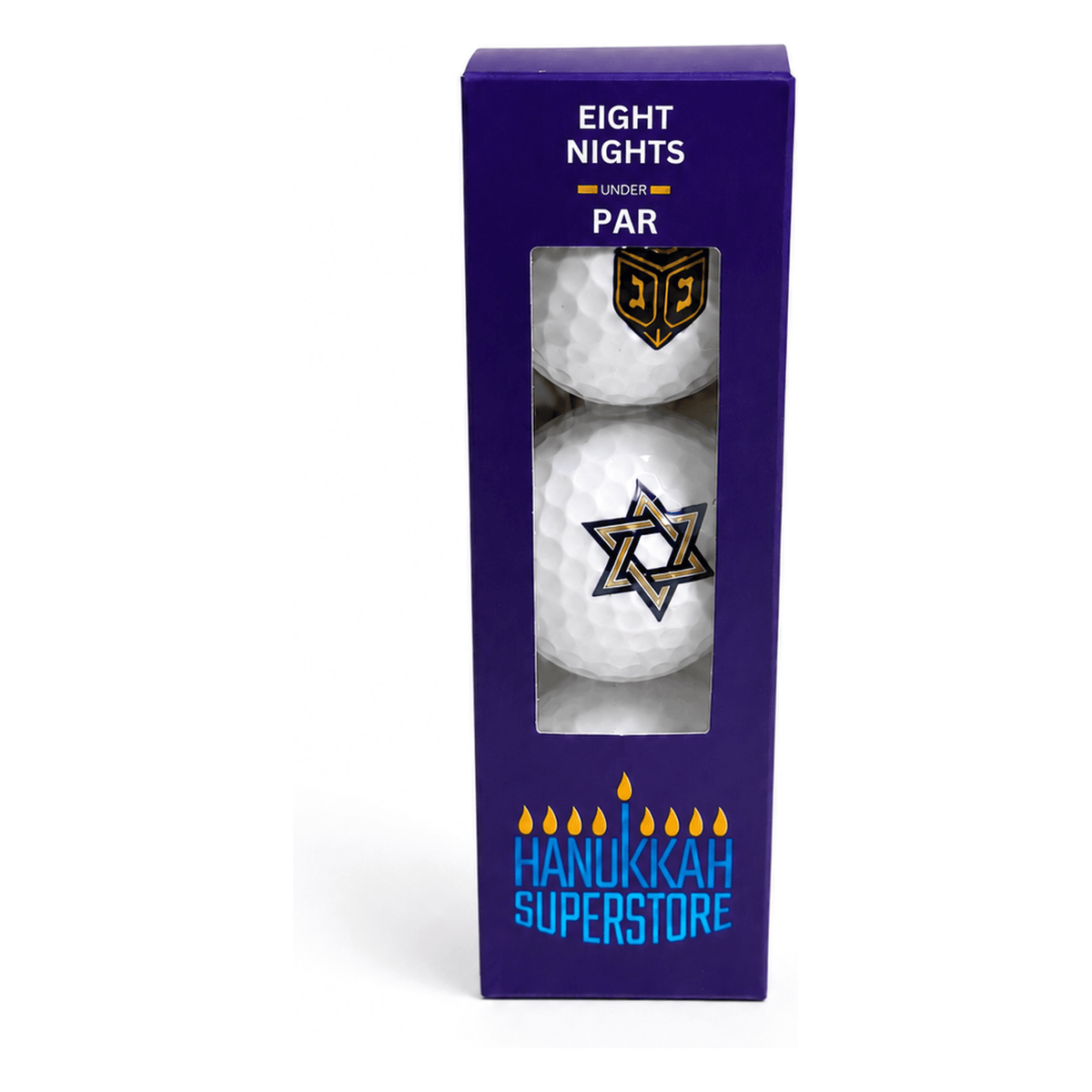 Purple Hanukkah Superstore golf ball sleeve reading Eight Nights Under Par