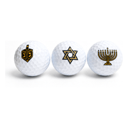 Three Hanukkah golf balls printed with a dreidel, a Star of David and a menorah
