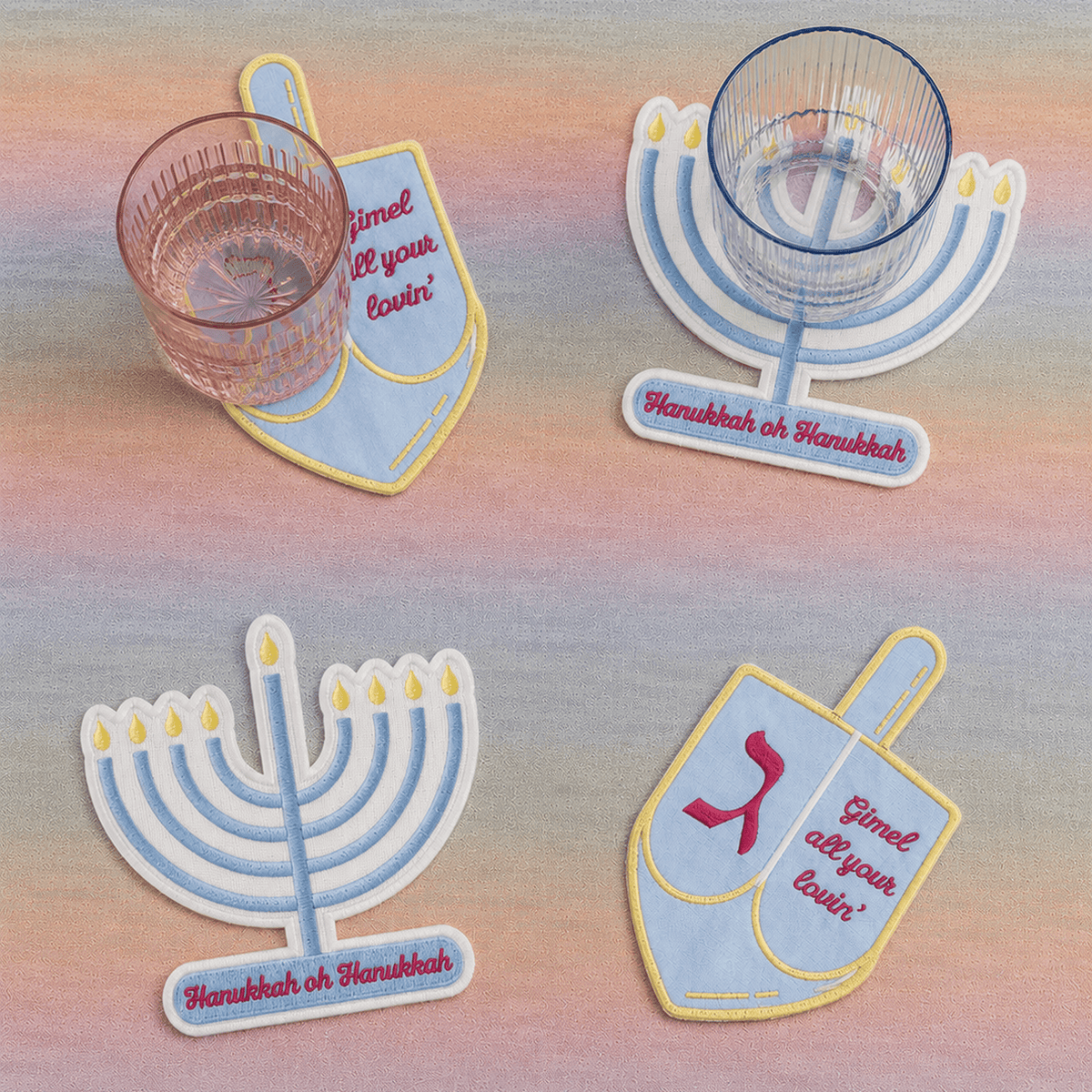 The Nosh Table Coasters Dreidel & Menorah Hanukkah Cocktail Napkins/Coasters - Set of 4
