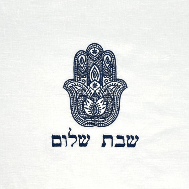 Three Generations Challah Covers Blue Hamsa Embroidered Linen Challah Cover