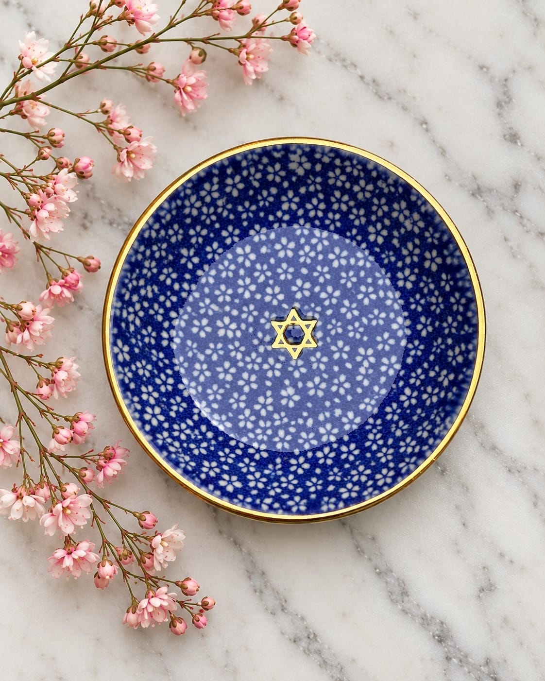 Nina Keramik Ring Bowls Handmade Star of David Trinket Dish with Blue Flowers and 22k Gold by Nina Keramik