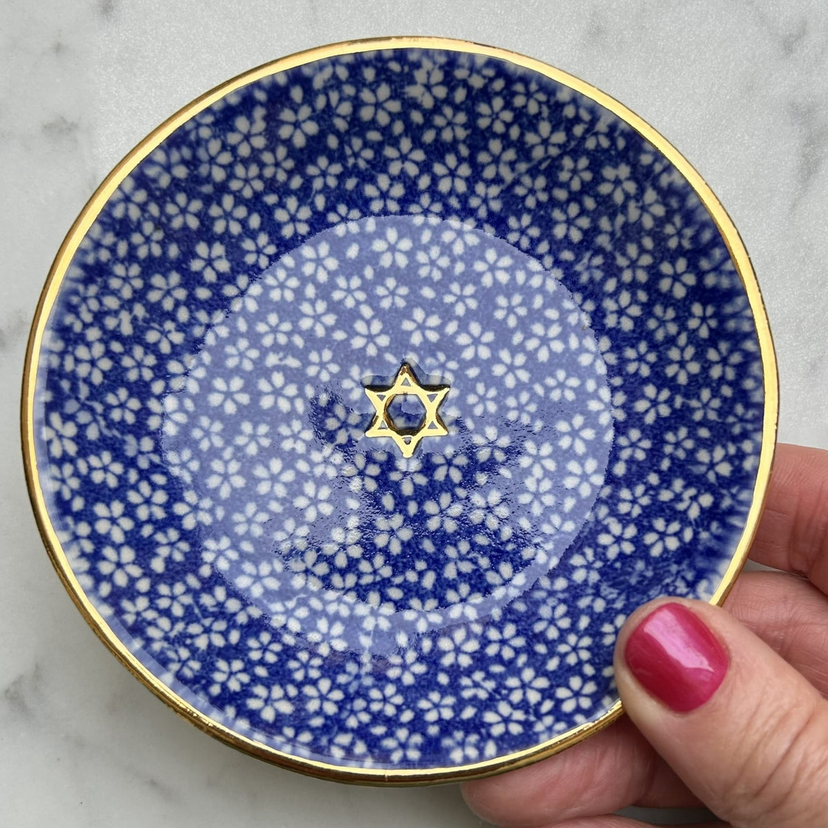 Nina Keramik Ring Bowls Handmade Star of David Trinket Dish with Blue Flowers and 22k Gold by Nina Keramik