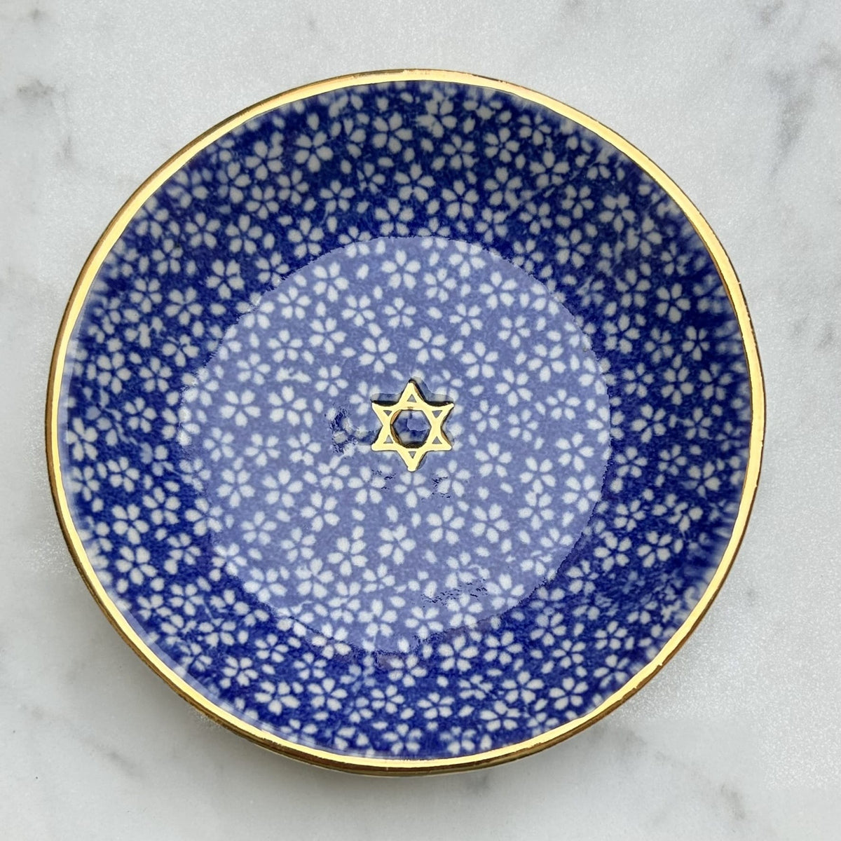 Nina Keramik Ring Bowls Handmade Star of David Trinket Dish with Blue Flowers and 22k Gold by Nina Keramik