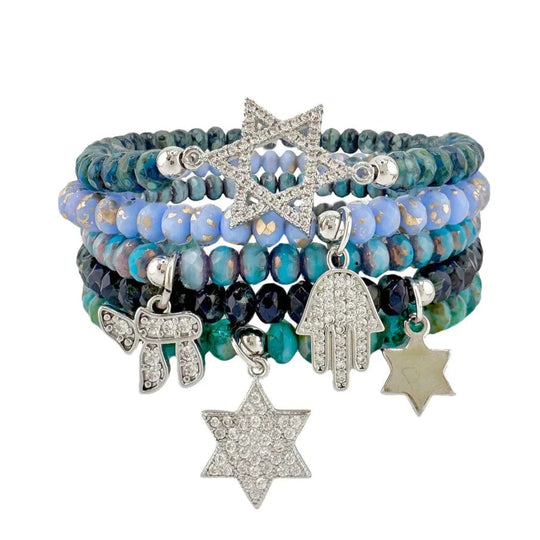 Harper Chai, Hamsa and Star of David Stack Bracelets - Shades of Blue