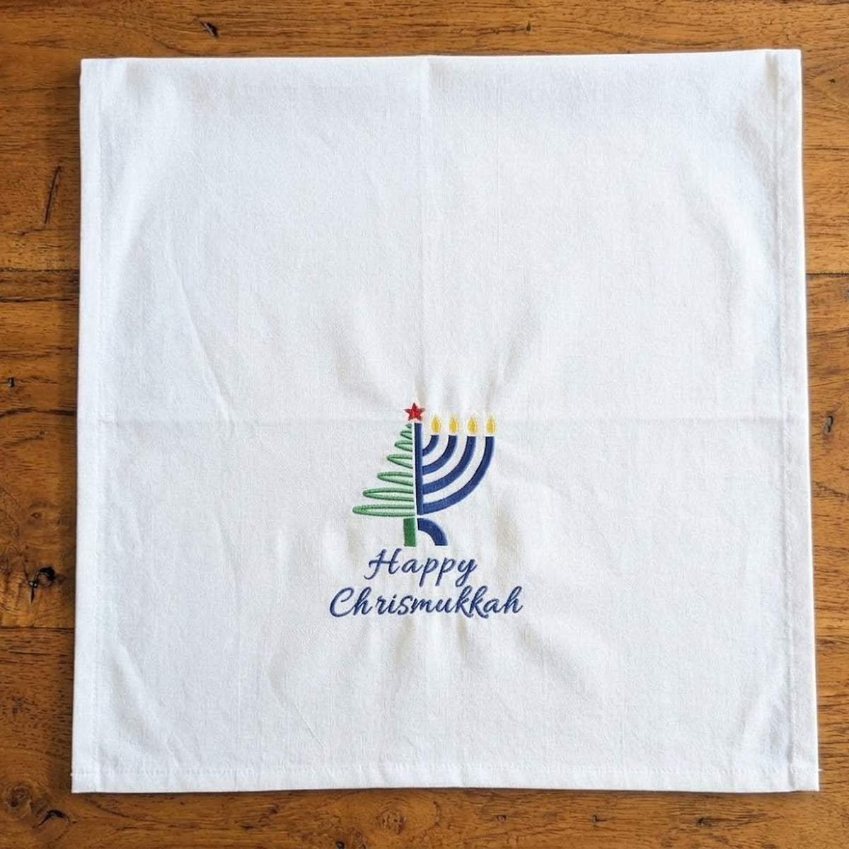 Three Generations Tea Towels Embroidered Happy Chrismukkah Flour Sack Tea Towel - White