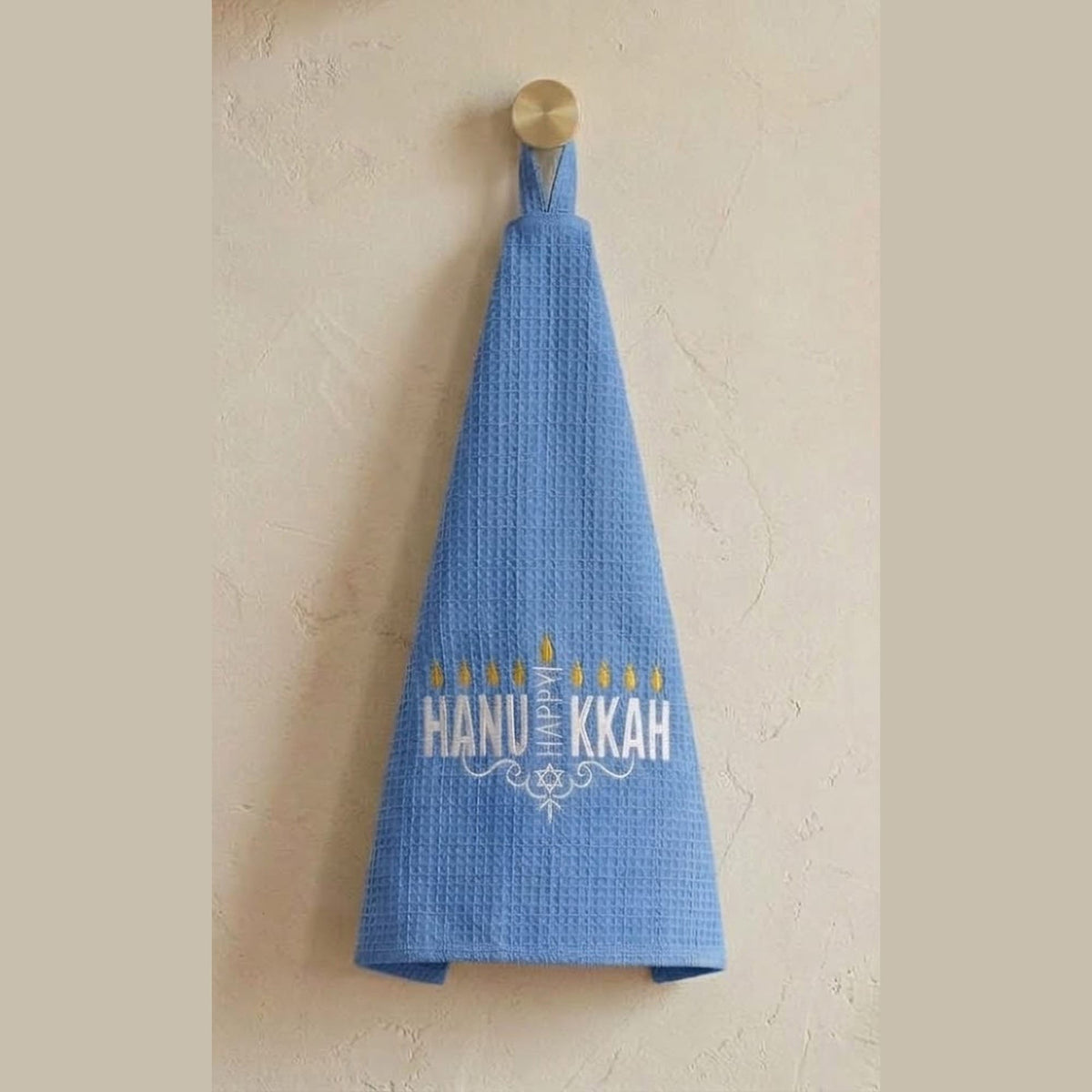 Three Generations Tea Towels Embroidered Happy Hanukkah Waffle Weave Tea Towel - Blue