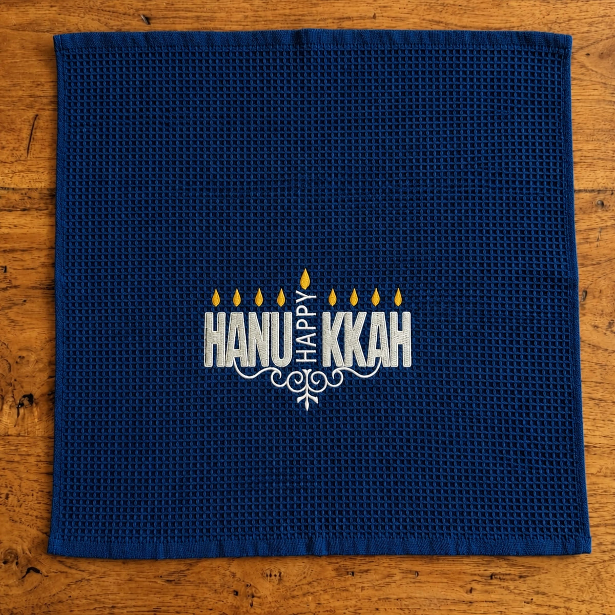 Three Generations Tea Towels Embroidered Happy Hanukkah Waffle Weave Tea Towel - Blue