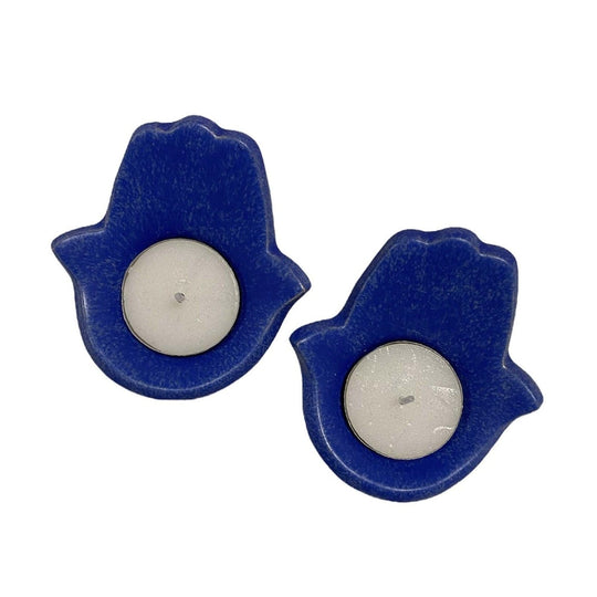 Handmade Ceramic Hamsa Candle Holders by Israel Museum - Blue