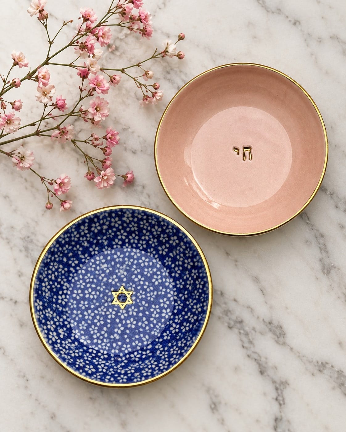 Nina Keramik Ring Bowls Handmade Star of David Trinket Dish with Blue Flowers and 22k Gold by Nina Keramik