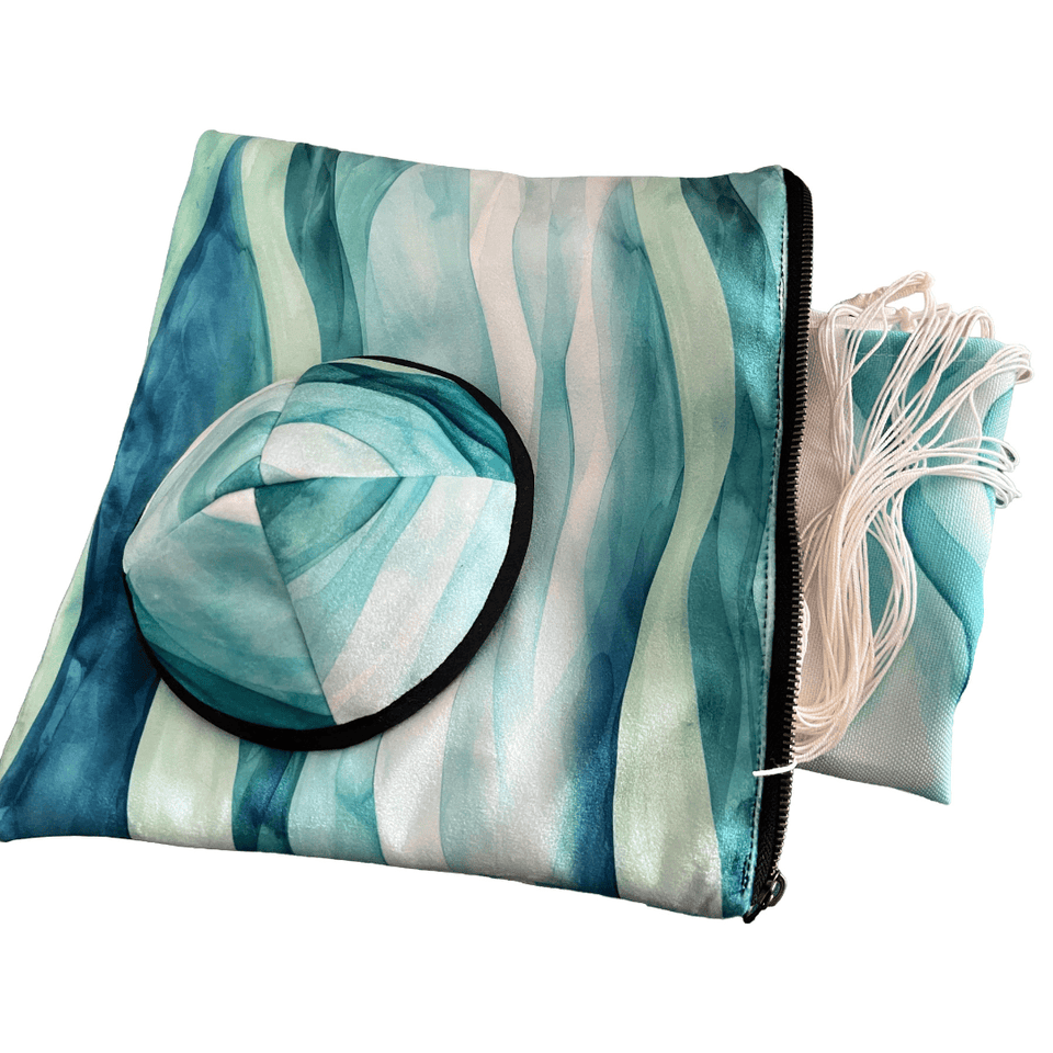 Anna Abramzon Studio - Ocean Waves Painted Tallit in Linen with Matching Bag by Anna Abramzon - ModernTribe