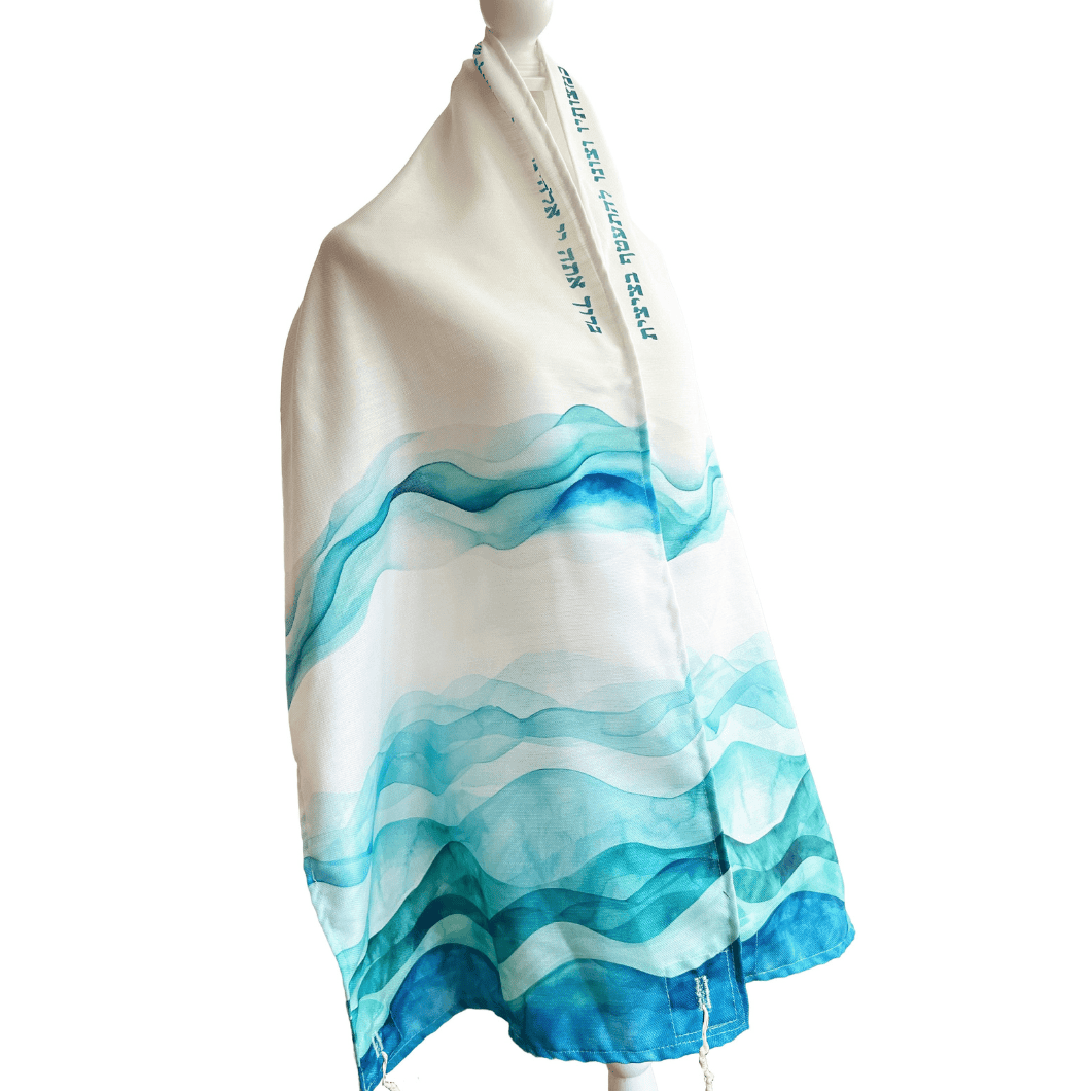 Anna Abramzon Studio - Ocean Waves Painted Tallit in Linen with Matching Bag by Anna Abramzon - ModernTribe