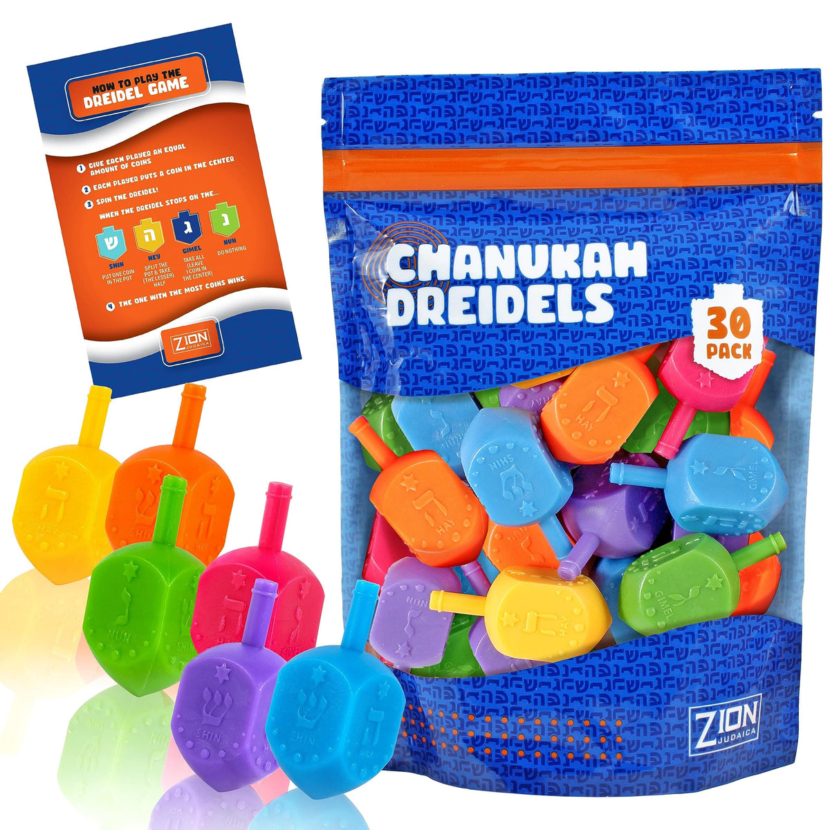 Zion Judaica Dreidels 30 Pack Medium Plastic Dreidels - Multicolored