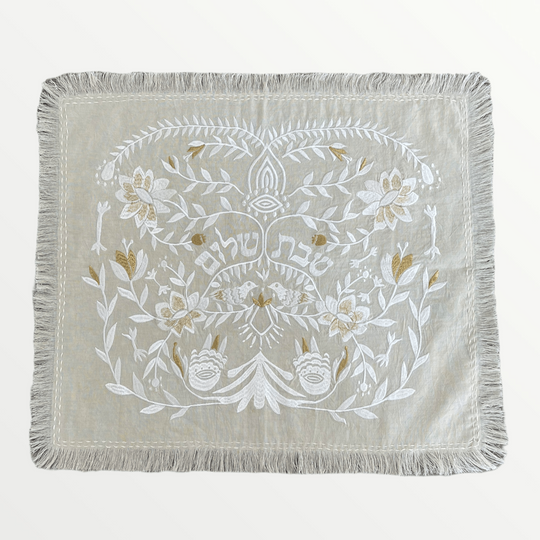Handmade Linen Challah Cover - Beige and White