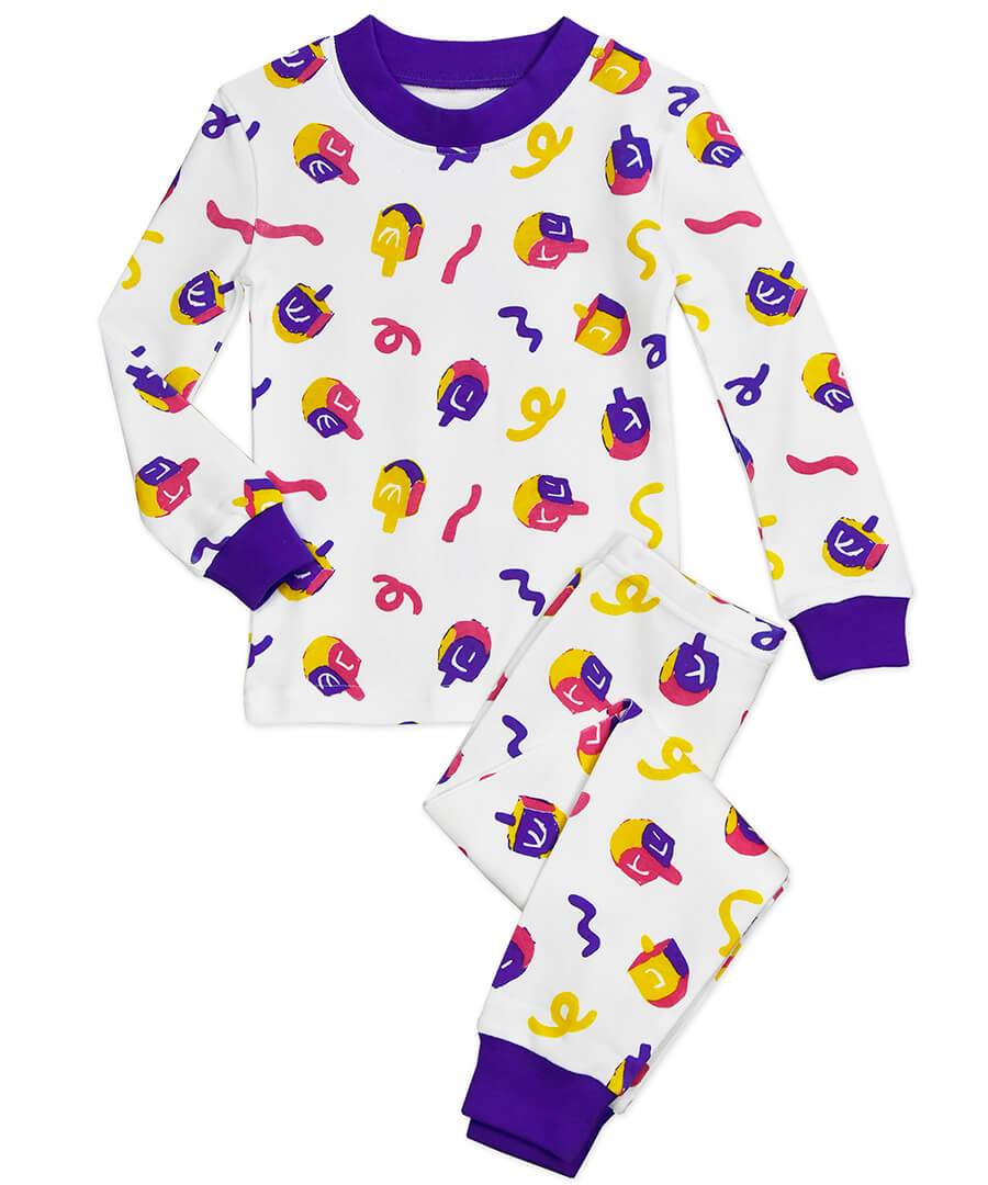 Sara's Prints - Colorful Dreidels Hanukkah Long John Pajamas - Kids Unisex - ModernTribe