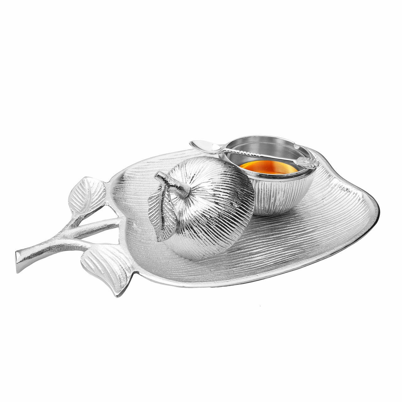 Classic Touch Decor - Large Apple Shaped Dish with Removable Honey Jar - Silver - ModernTribe