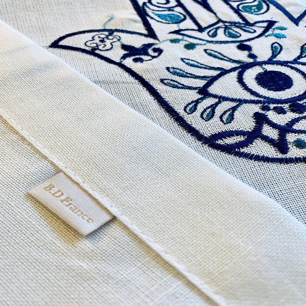 Broderies De France - Modern Blue Hamsa Table Runner - White - ModernTribe