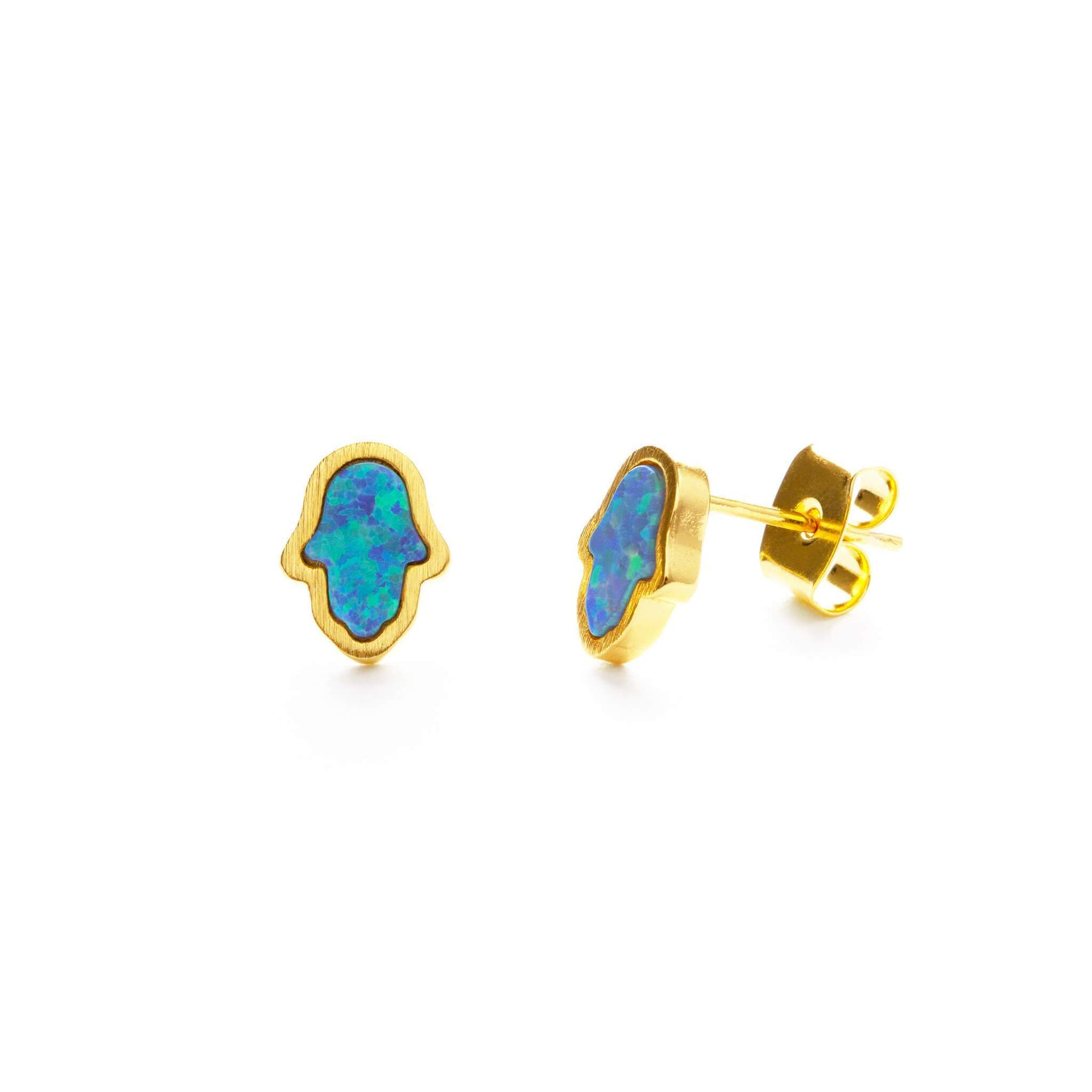 Stitch and Stone Earrings Gold Hamsa Blue and Gold Opal Studs