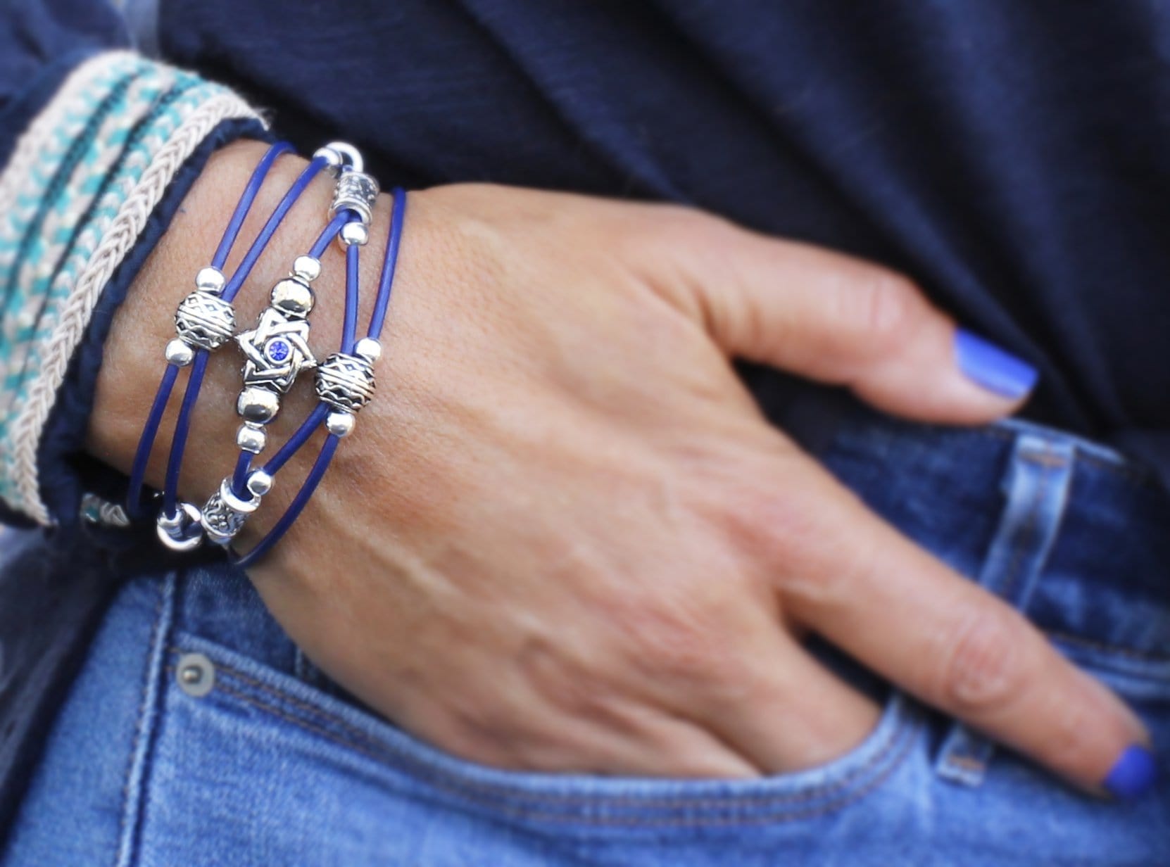 Swarovski Star of David Beaded Leather Bracelet - Blue