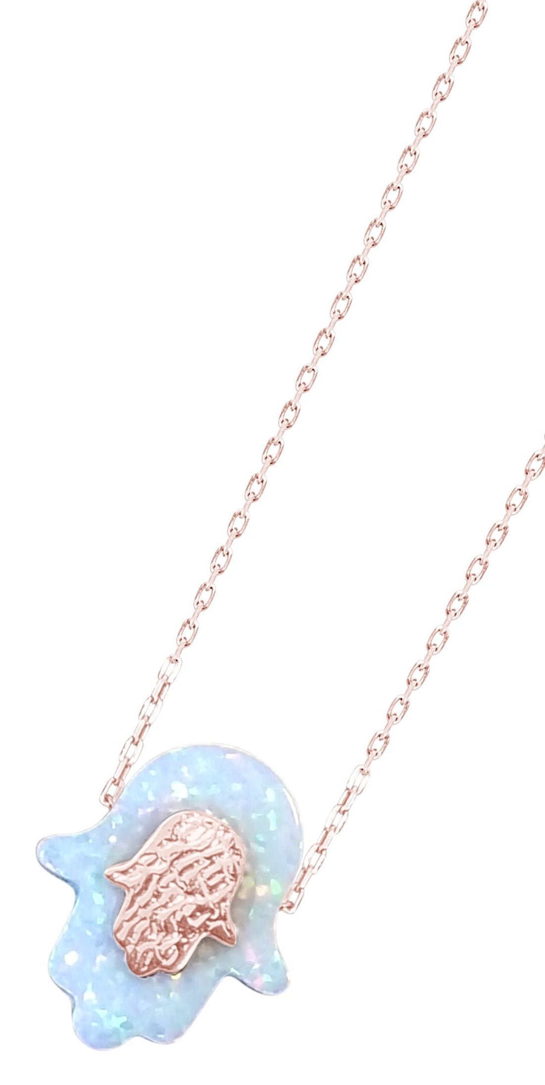 Alef Bet Necklaces Rose Gold Blue Opal Double Hamsa Necklace
