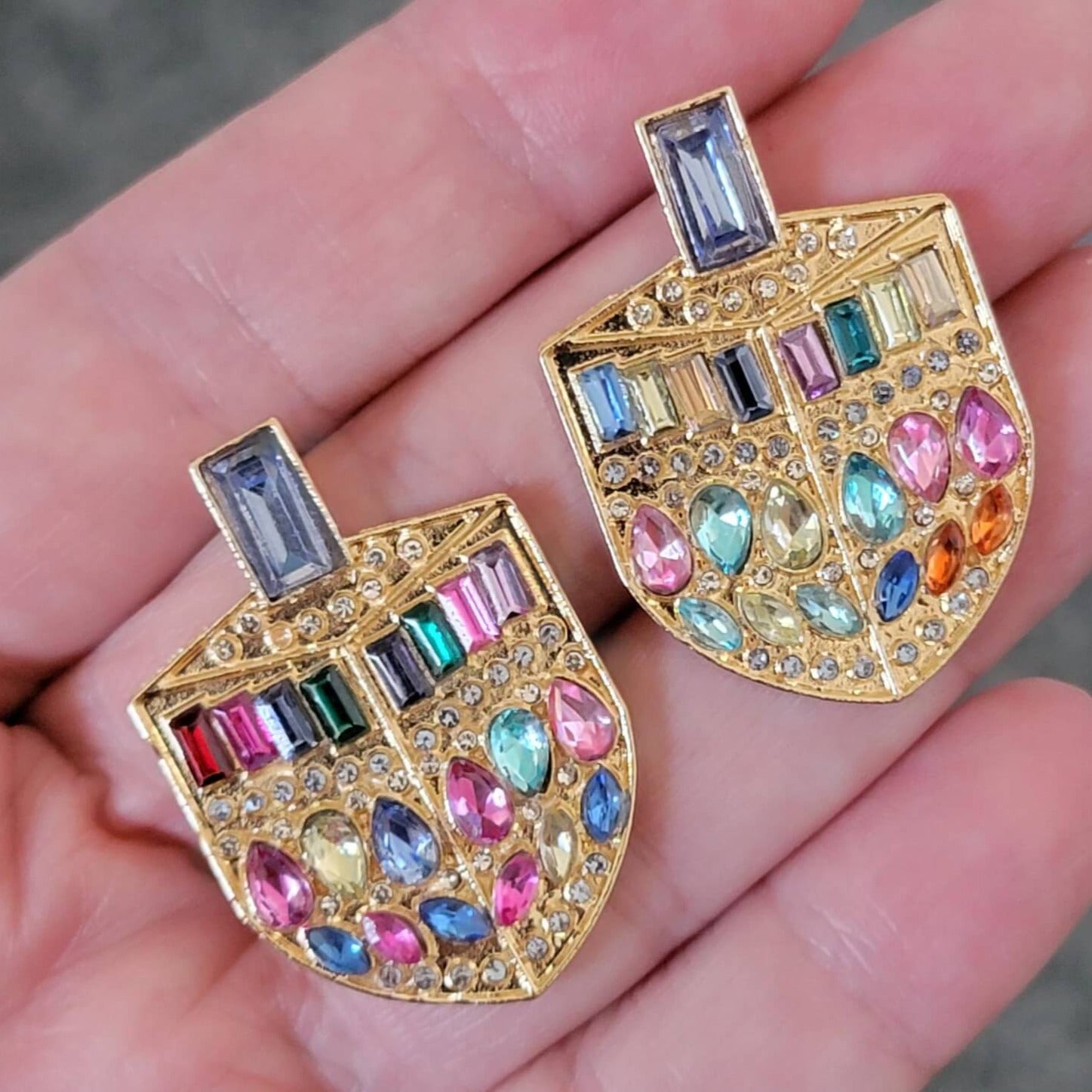 Turtley Trendy Earrings Jeweled Gold Dreidel Earrings