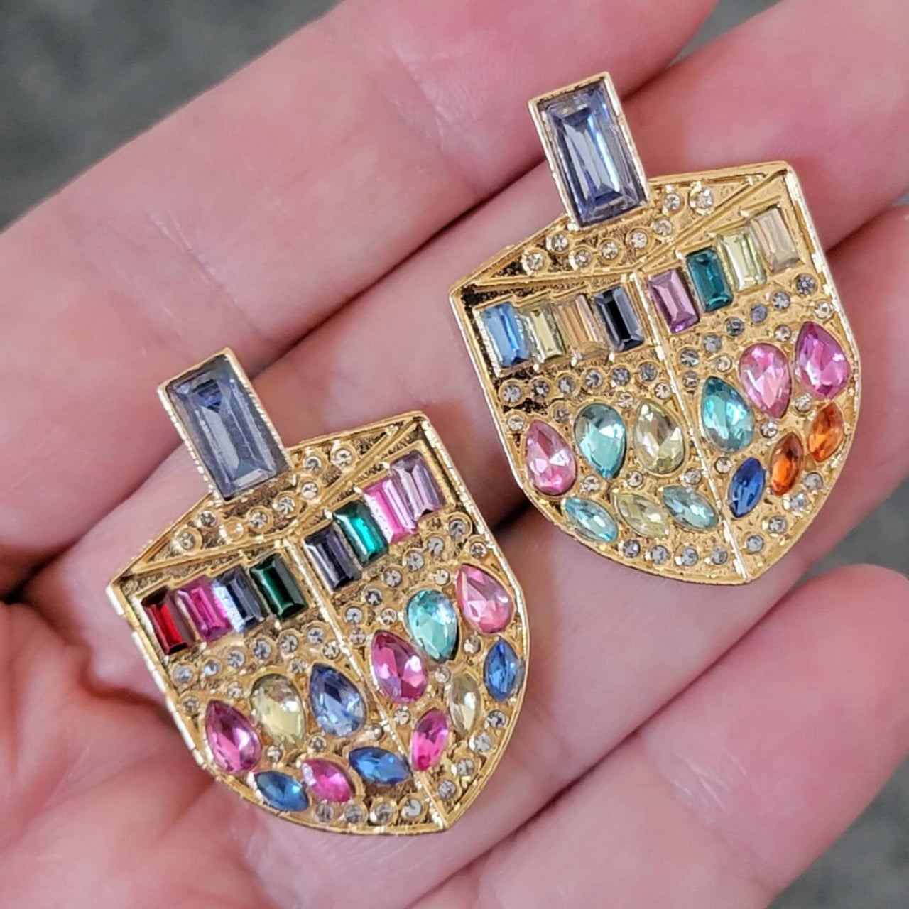 Turtley Trendy - Mismatched Jeweled Gold Dreidel Earrings - ModernTribe