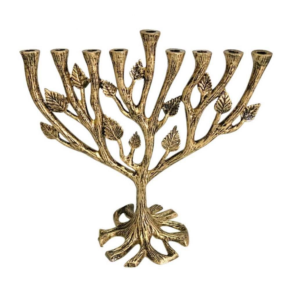 Aviv Judaica Menorahs Textured Leaf Menorah - Brass