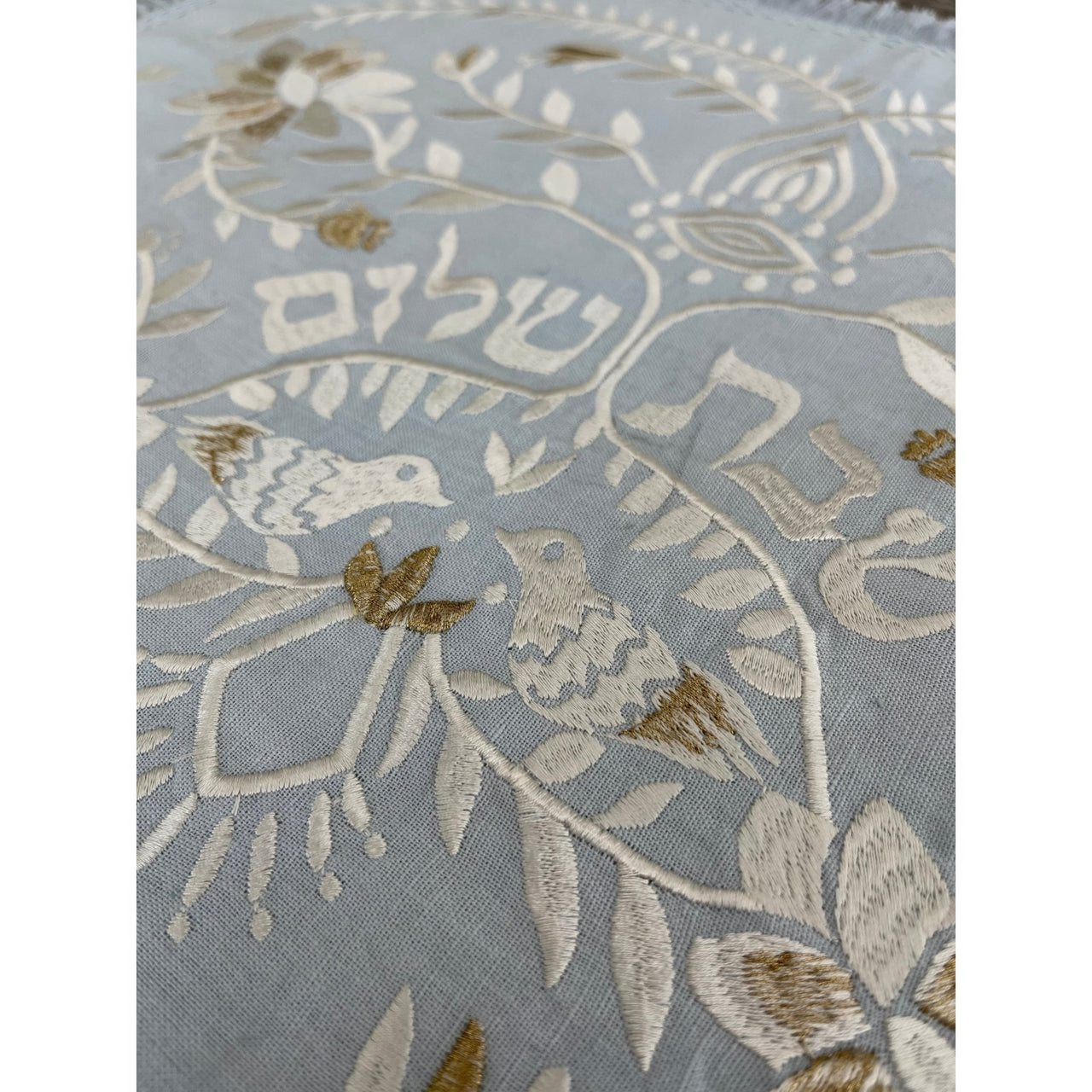 EMUNAH - Handmade Linen Challah Cover - Blue and Ivory - ModernTribe