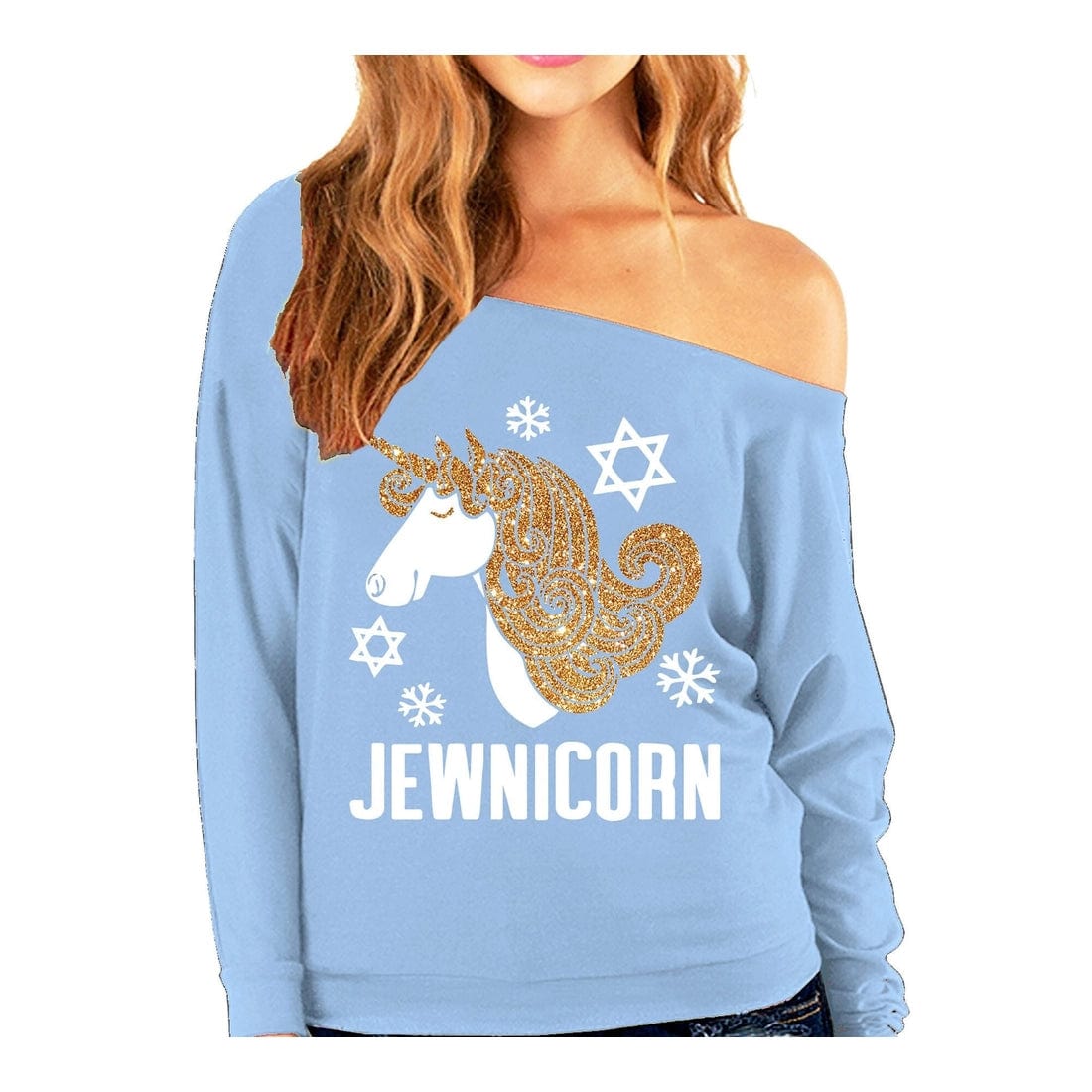 ModernTribe - Jewnicorn Glitter Slouchy Women’s Sweatshirt - Baby Blue - (Sizes S - XXL) - ModernTribe