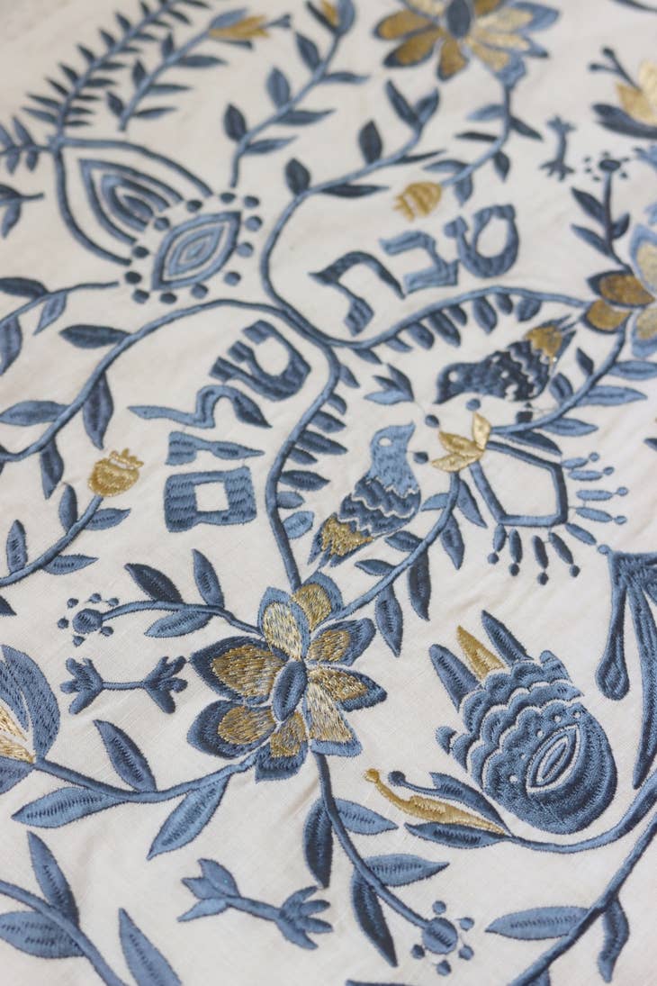 EMUNAH - Handmade Linen Challah Cover - Blue and Gold - ModernTribe