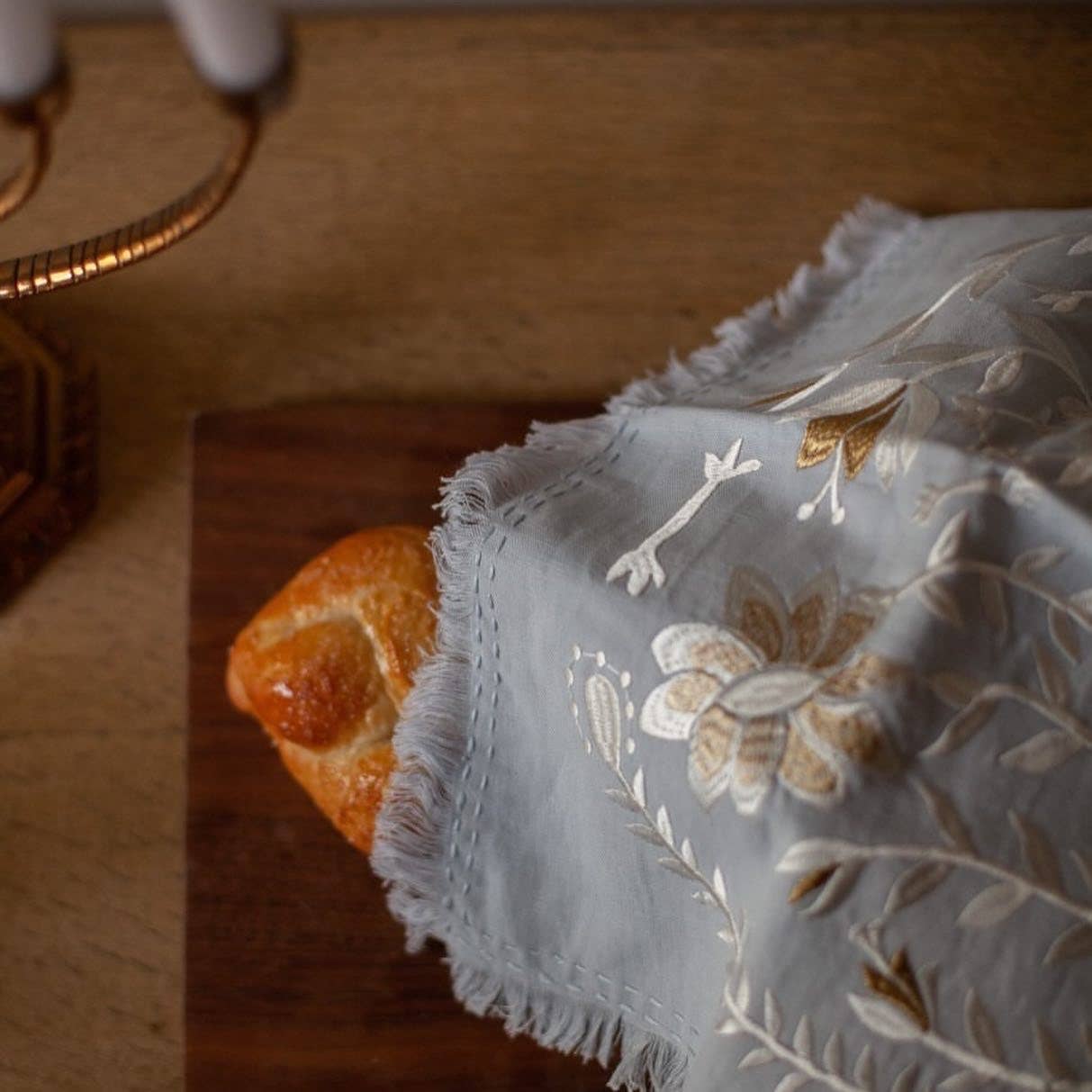 EMUNAH - Handmade Linen Challah Cover - Blue and Ivory - ModernTribe