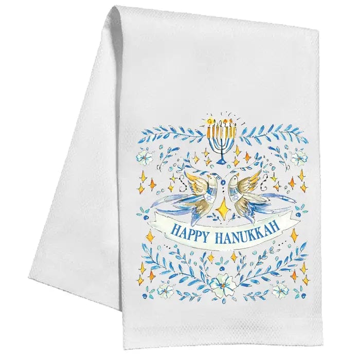 RosanneBeck Collections - Happy Hanukkah Doves and Florals Kitchen Towel - ModernTribe