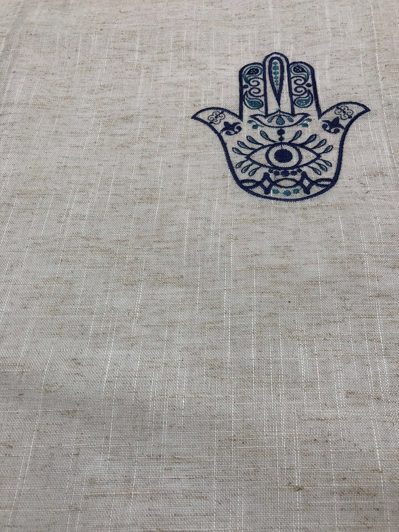 Broderies De France - Modern Blue Hamsa Table Runner - Beige - ModernTribe