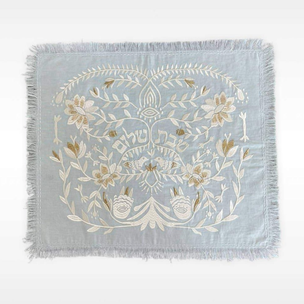 Carolina Benoit Challah Covers Handmade Linen Challah Cover - Blue and Ivory