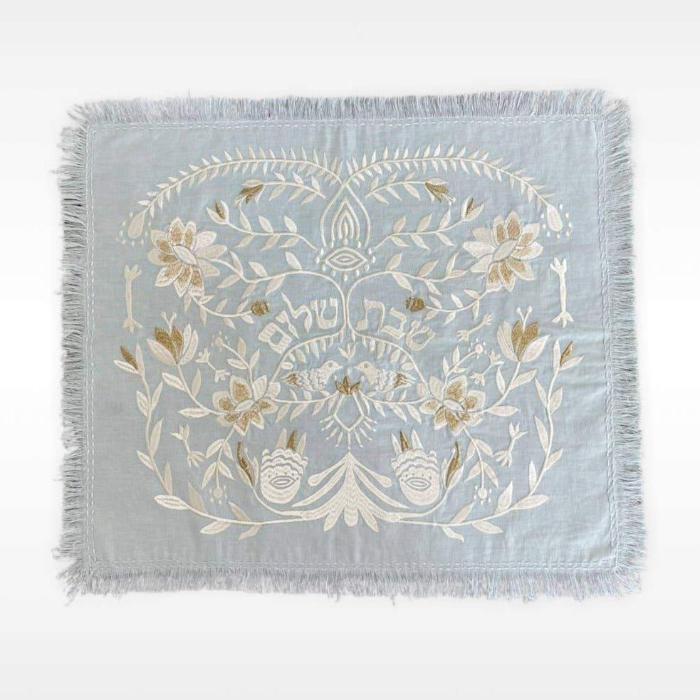 EMUNAH - Handmade Linen Challah Cover - Blue and Ivory - ModernTribe