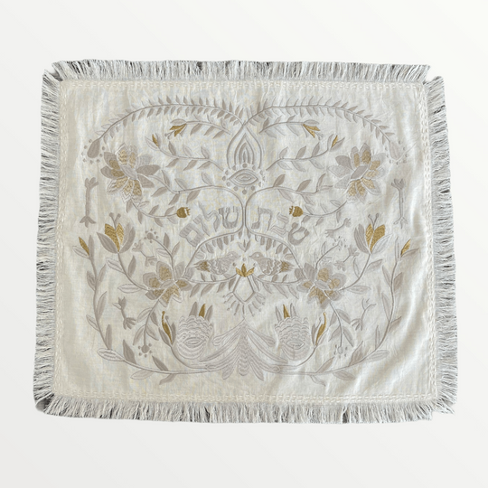 Handmade Linen Challah Cover - Beige and Beige