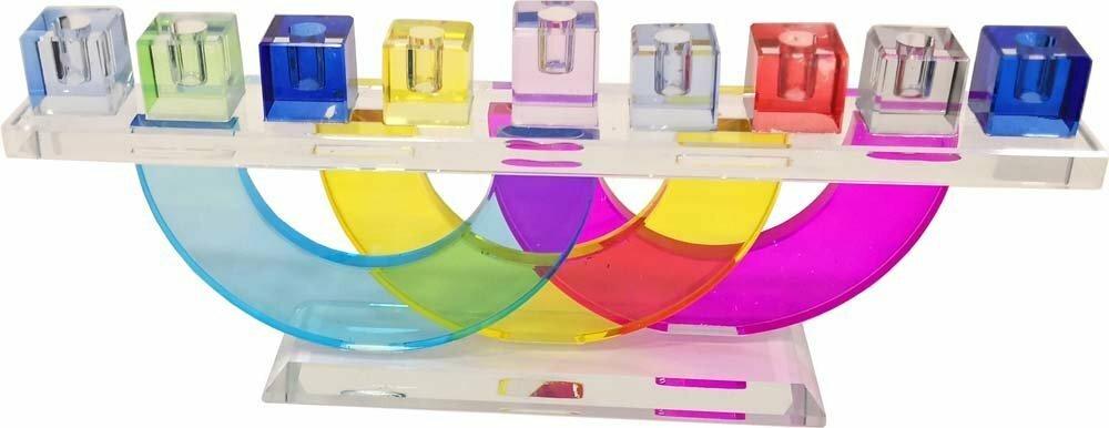 Alef To Tav - Multicolor Crystal Menorah on Circles Stand - ModernTribe