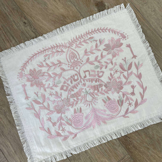 Handmade Linen Challah Cover - Pink and Ivory