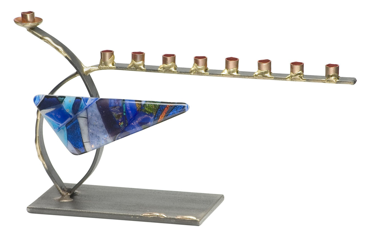 Gary Rosenthal Menorah Blue Curved Steel and Glass Menorah by Gary Rosenthal