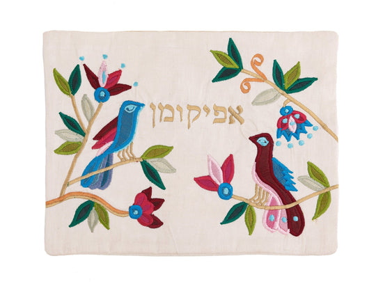 Birds Appliquéd Afikomen Bag in White by Yair Emanuel