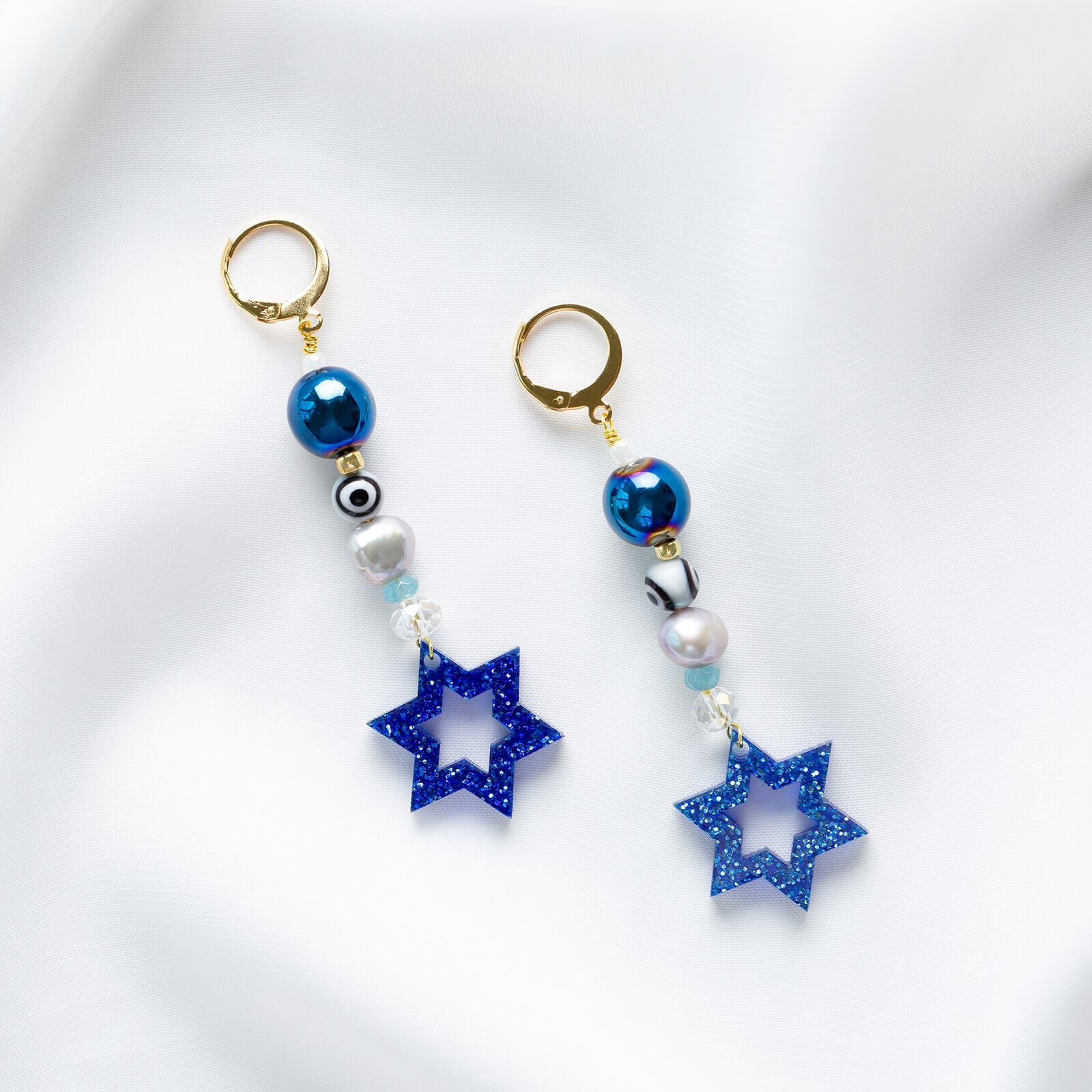 Ariel Tidhar Earrings Blue Liron Beaded Magen Earrings - Blue Glitter
