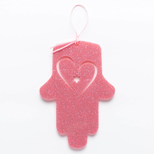 Petite Wall Hamsa with Heart - Pink Glitter
