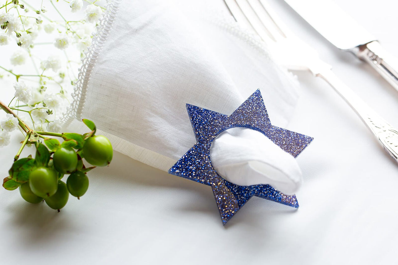 Ariel Tidhar - Magen David Napkin Rings - Blue Ice Glitter - Set of 4 - ModernTribe