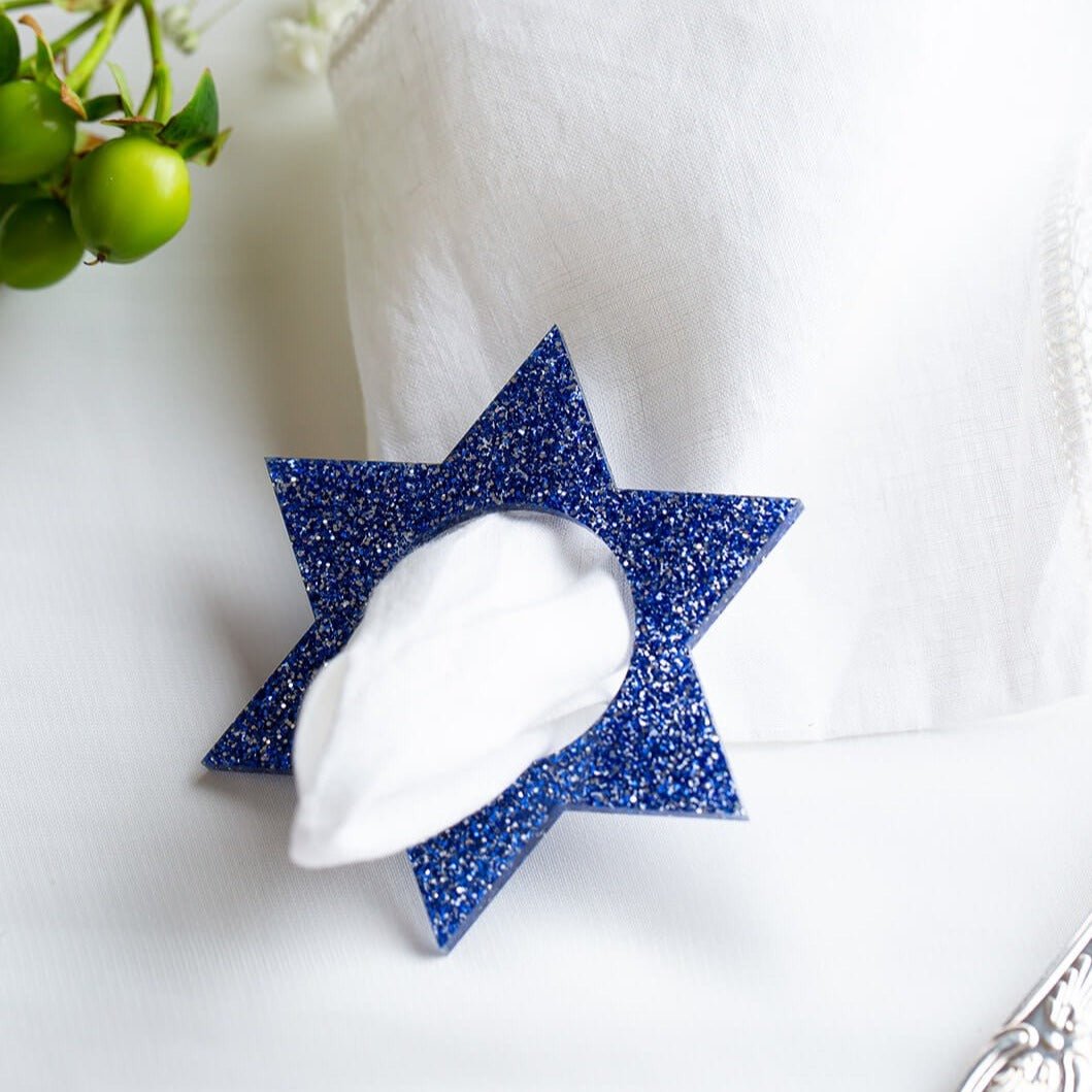 Ariel Tidhar - Magen David Napkin Rings - Blue Ice Glitter - Set of 4 - ModernTribe