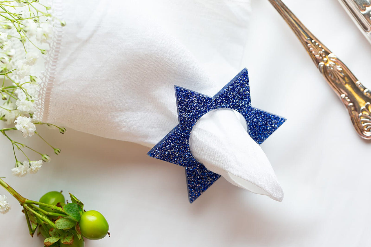 Ariel Tidhar - Magen David Napkin Rings - Blue Ice Glitter - Set of 4 - ModernTribe
